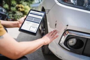 Man fills out a car insurance form after a car accident.